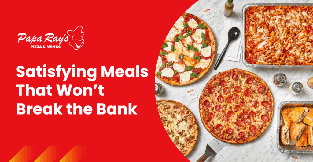 Papa Ray’s catering spread featuring pizzas, pasta, and sides—perfect for feeding a crowd without going over budget.