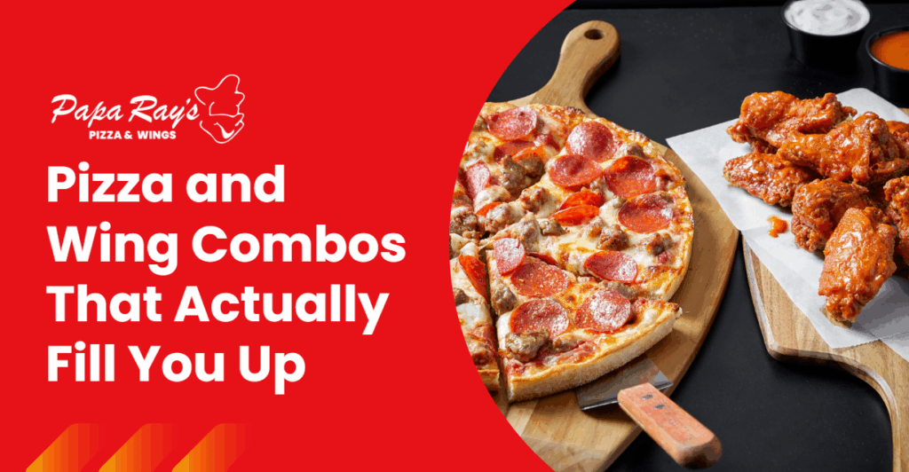 A close-up of a hearty Papa Ray’s combo featuring a pepperoni and sausage pizza alongside saucy buffalo wings, served with dipping sauces—highlighting a satisfying meal deal that delivers big flavor.