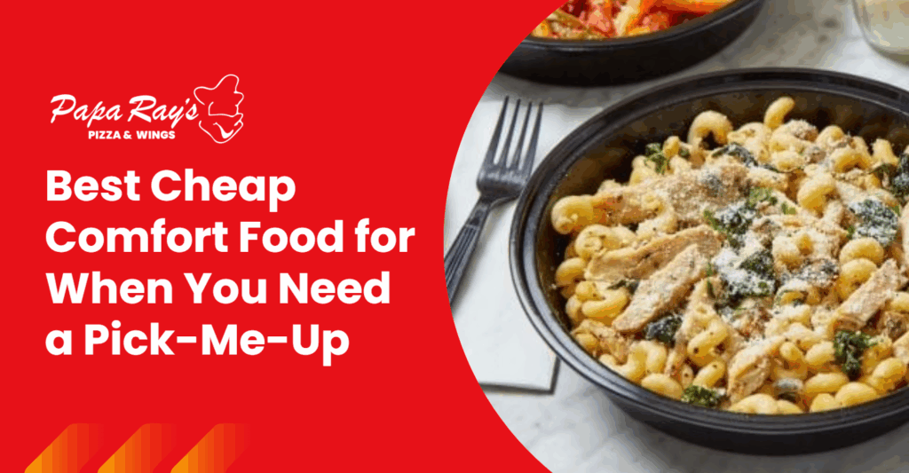 A bowl of cavatappi pasta topped with grilled chicken, spinach, mushrooms, and parmesan cheese, served as a warm and affordable comfort food option.