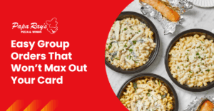 Three bowls of creamy pasta dishes topped with parmesan and herbs, served with garlic breadsticks on a marble surface, arranged for an affordable group meal.