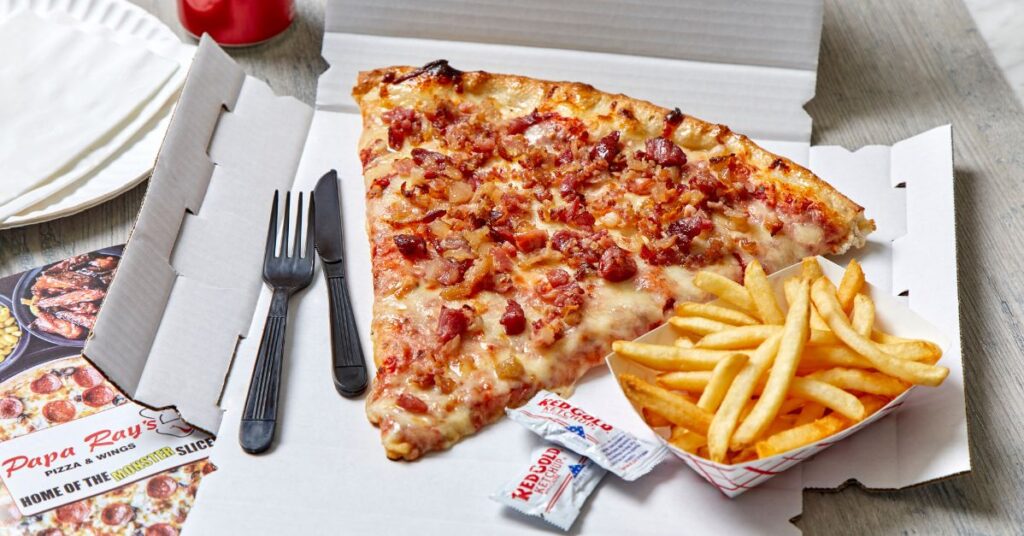 Papa Ray’s monster slice pizza with extra-large toppings