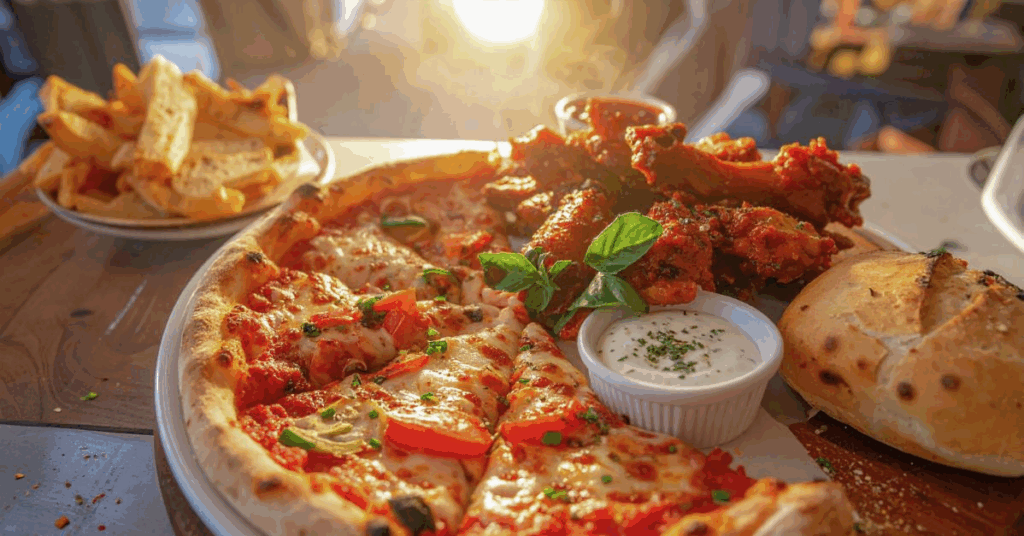 Papa Ray’s Family Combo meal with pizza, wings, and garlic bread