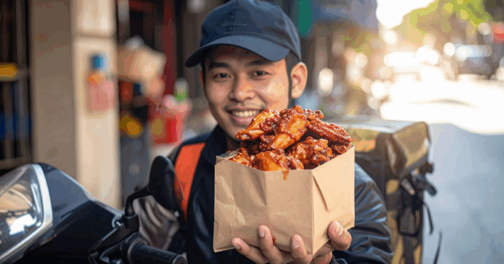 ALT: “Papa Ray’s delivery driver delivering hot wings”