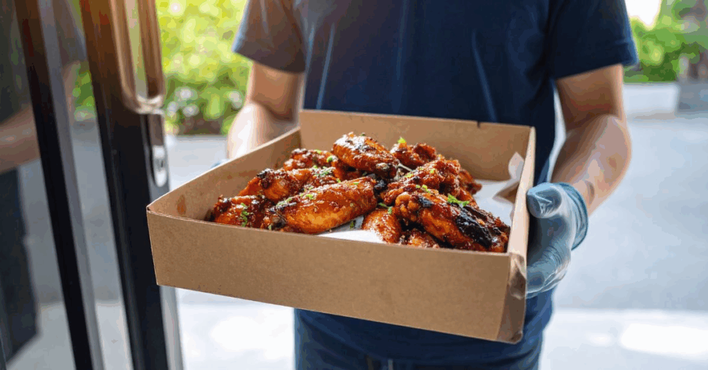  – ALT: “Papa Ray’s wings delivery person handing order for cash payment”)