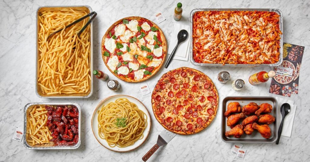 Papa Ray’s pizza, wings, and pasta trays in Carol Stream IL