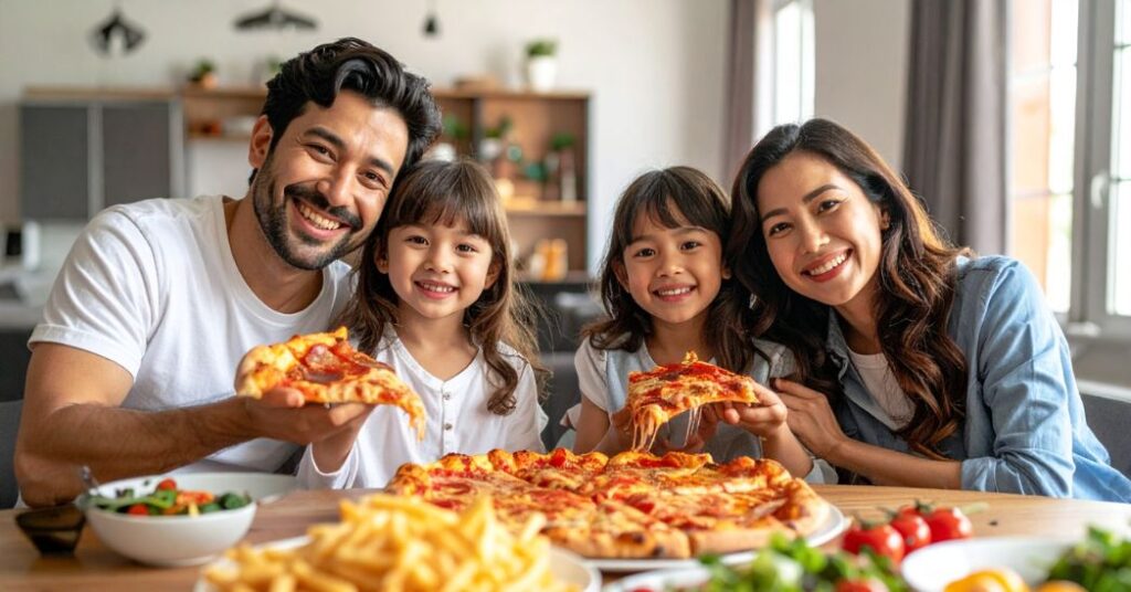 Family sharing Papa Ray’s Monster Slice pizza and wings
