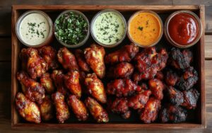 delicious bbq chicken wings platter with variety dips sauces perfect party