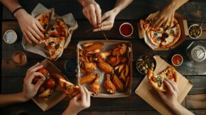friends eating pizza chicken wings other fast food black wooden table top vie generative ai